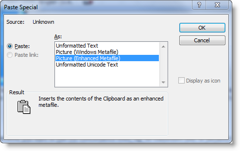 word's paste special choices