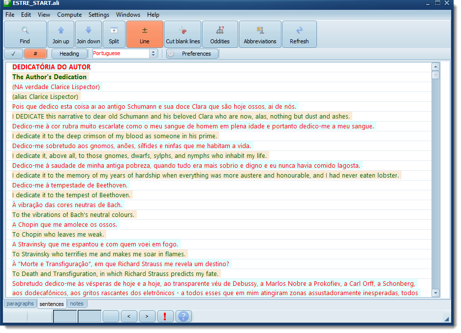 aligner for hora da estrela sentences