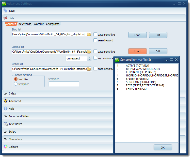 specifying lemma list Concord