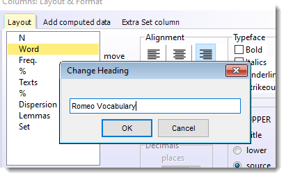 default wordlist column headings editing